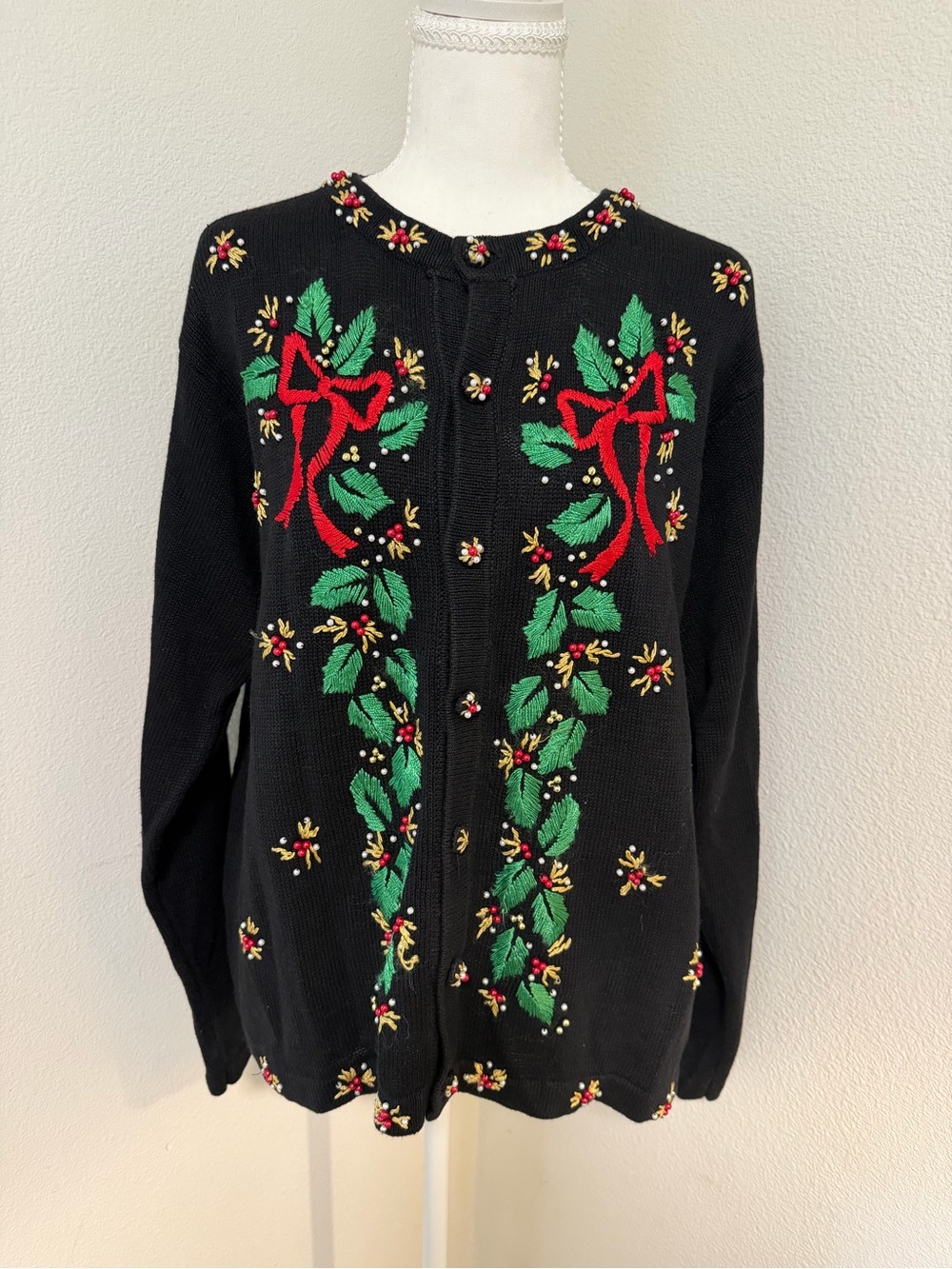 Vintage Christmas 🎄 Holiday Black Cardigan with Red Bow Embroidery Ugly Sweater